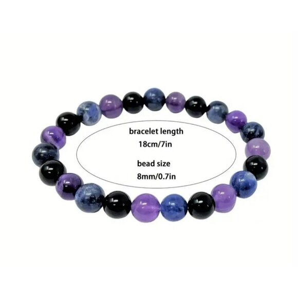 Amethyst, Black Obsidian & Sodalite Gemstone Bracelet – 8mm Round Beads - Picture 3 of 5